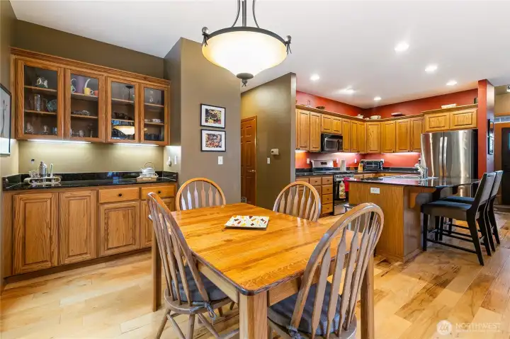 The beautiful built-in hutch maximizes space and offers the perfect spot for even a coffee or wine bar.