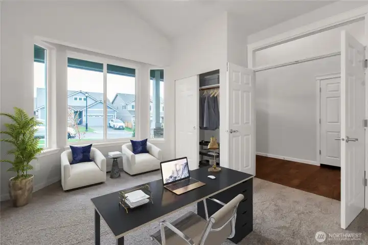 Virtually staged photo of den/3rd bedroom for illustration only.