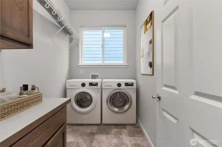 Virtually staged laundry room for illustration only.