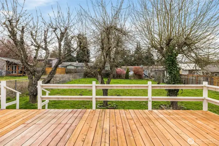 Back deck overlooking apple trees