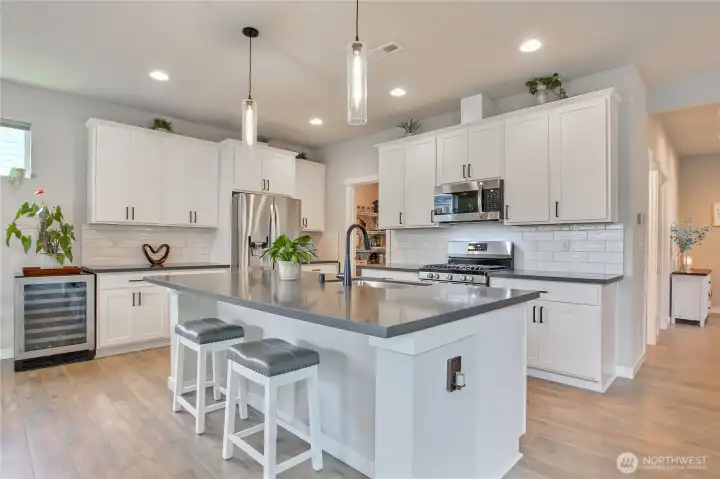 A true chef’s kitchen anchored by a massive center island.