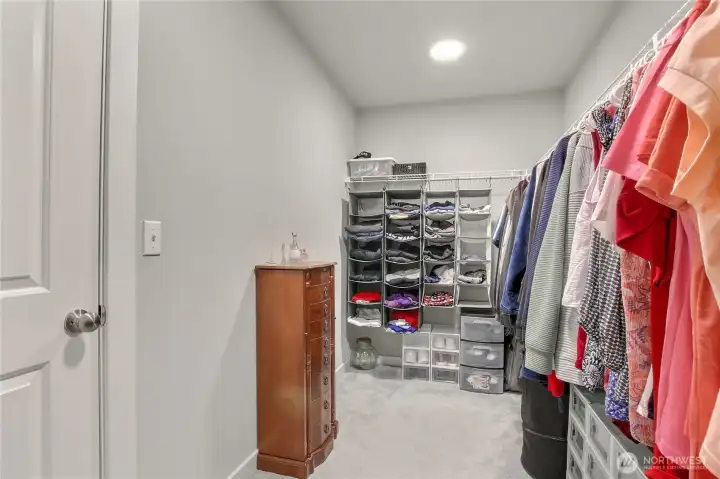 The spacious primary bedroom closet is located off the primary bathroom for privacy and convenience.