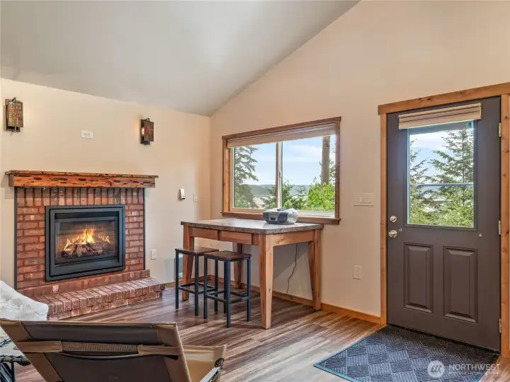 Propane fireplace in cabin for cold nights