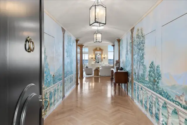 Enter into a foyer of a hand painted canvas mural depiction of a scene in Tuscany . . .