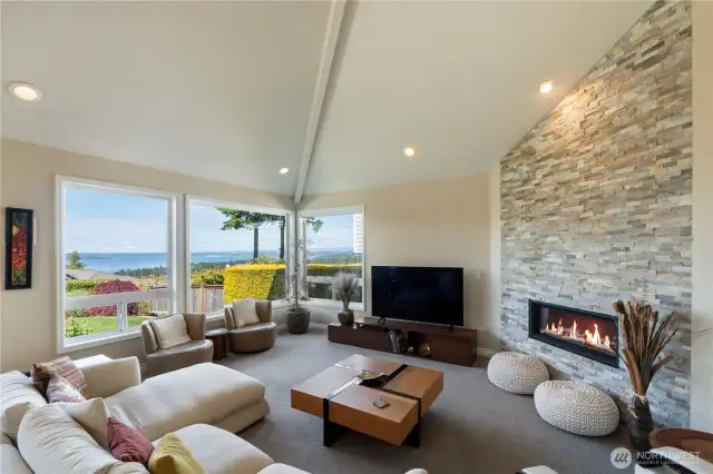 Living room with expansive view (was a cloudy day when we took pictures - view is spectacular).  Full wall fireplace is one of the seller's upgrades.  Vaulted ceiling & lots of light.