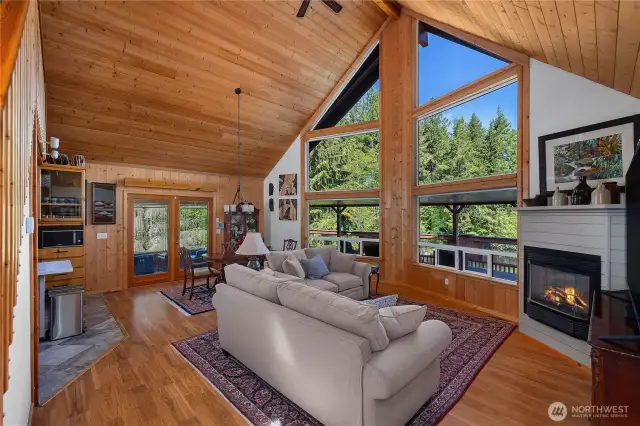 Vaulted ceilings and wall to ceiling windows.