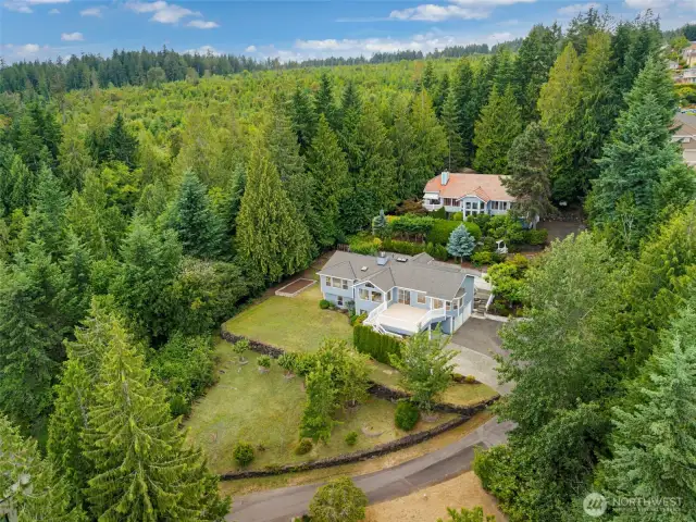Aerial shot of the home nestled among mature evergreens, showcasing the home’s privacy, generous lot, and peaceful neighborhood environment.