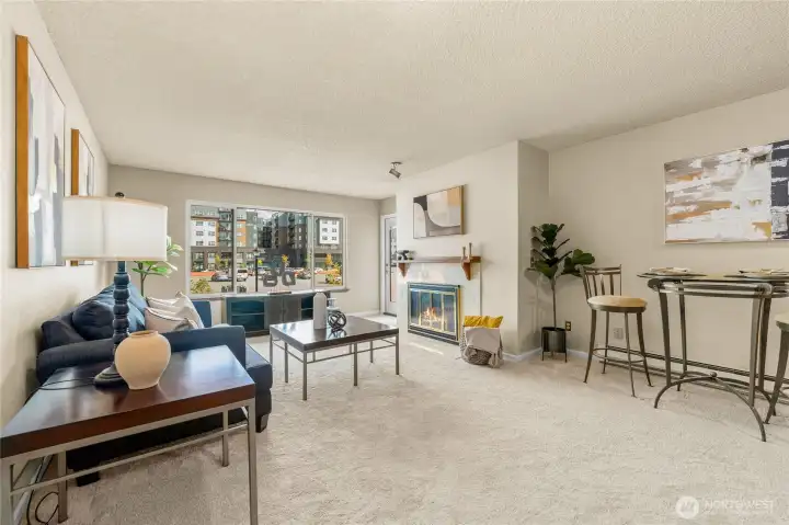 Living room with eating space and fireplace