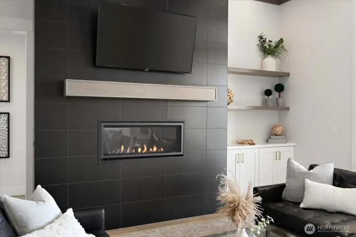 Fireplace with mantel.