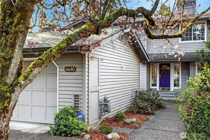 Charming townhome with 2-car garage, mature landscaping & blooming tree. Quiet setting with inviting entry, lush greenery & great curb appeal.