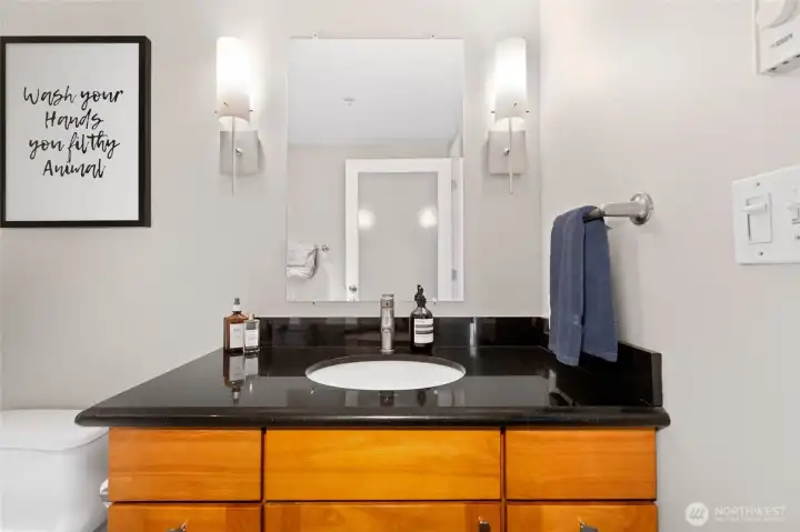 Modern vanity with a sleek black quartz countertop. Modern vanity with a sleek black quartz countertop.