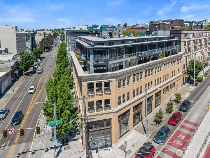 Another aerial perspective showcasing the building's prime corner location. Another aerial perspective showcasing the building's prime corner location.