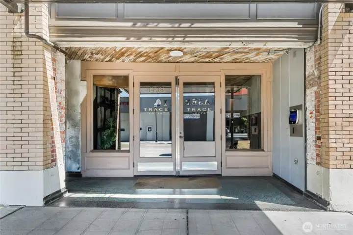 The secure front entrance opens to one of Seattle's most distinctive loft buildings. The secure front entrance opens to one of Seattle's most distinctive loft buildings.