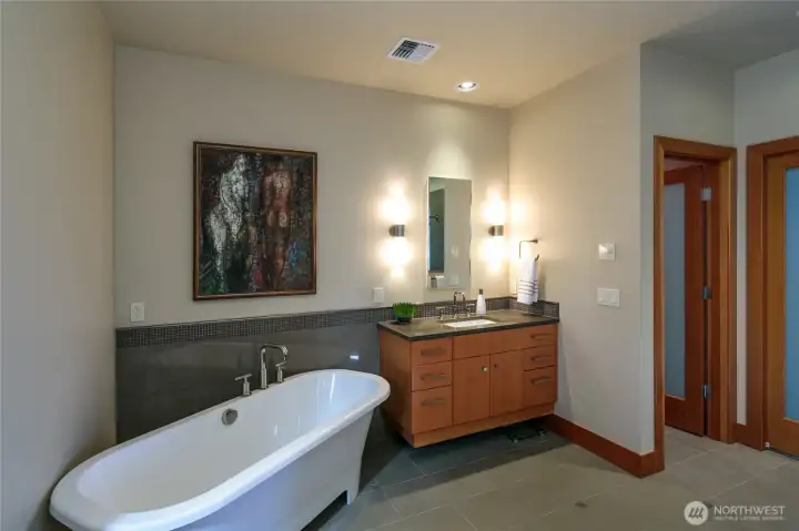 The freestanding tub is very much a focal point in this bathroom.