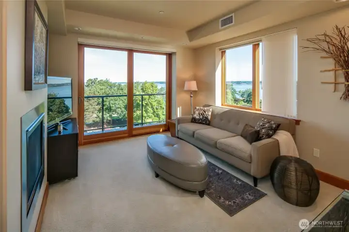 The family room or office area also has a gas fireplace and the triple pane sliding glass door opens onto the deck.