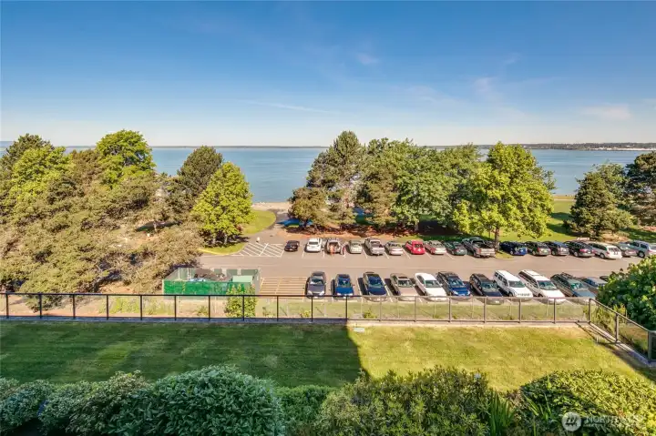 Looking down at Boulevard Park with the bay views beyond.