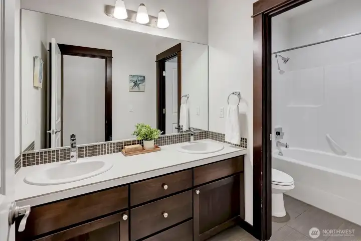 Upper hall bath with double vanity Upper hall bath with double vanity