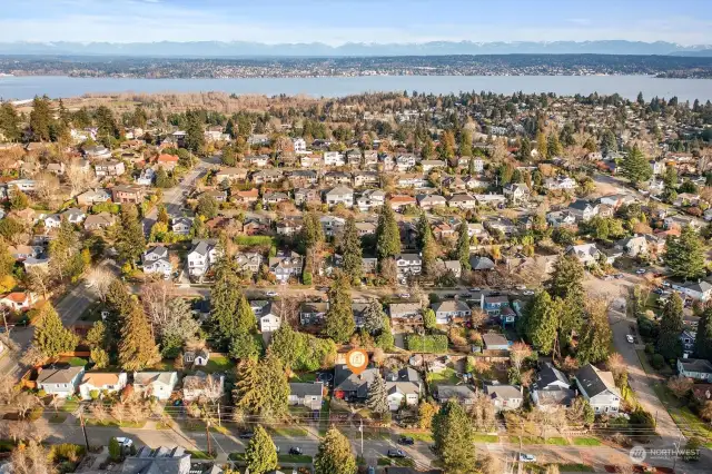 Aerial photo looking north and east. You can see Lake Washington and the best park in Seattle (Magnuson Park). Sought after View Ridge / Hawthorne Hills location. Walking distance to grocery stores, cafes, parks & Burke Gilman Trail. Only minutes to Children's, the UW, downtown, 520, and Amazon. Located in the #1 sought after school cluster! Location, location, location!