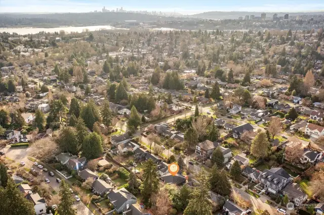 Aerial photo looking south. You can see Lake Washington, Husky stadiu, the university district and the downtown Seattle skyline.  Sought after View Ridge / Hawthorne Hills location. Walking distance to grocery stores, cafes, parks & Burke Gilman Trail. Only minutes to Children's, the UW, downtown, 520, and Amazon. Located in the #1 sought after school cluster! Location, location, location!