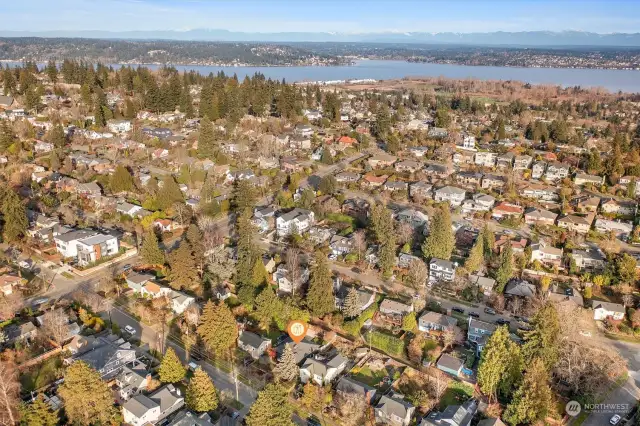 Aerial photo looking north and east. You can see Lake Washington and the best park in Seattle (Magnuson Park). Sought after View Ridge / Hawthorne Hills location. Walking distance to grocery stores, cafes, parks & Burke Gilman Trail. Only minutes to Children's, the UW, downtown, 520, and Amazon. Located in the #1 sought after school cluster! Location, location, location!