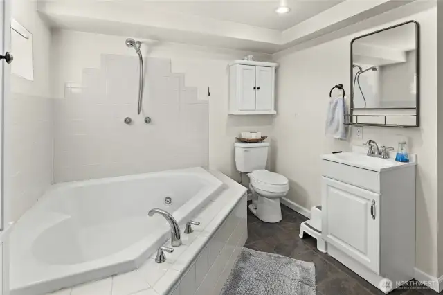Primary basement bedroom with Full bath- check out that jetted tub!