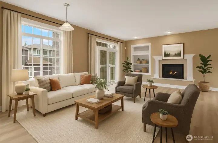 Enjoy your s  pacious living room great for relaxing by the gas fireplace *virtually staged*