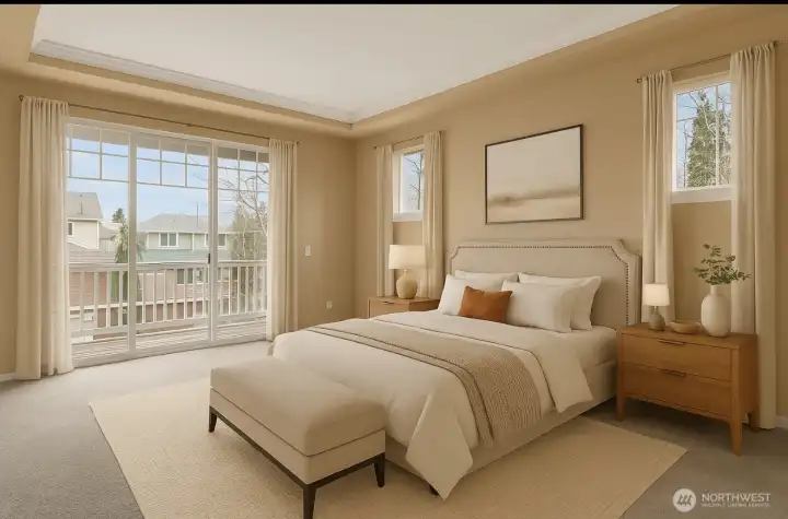 Large primary bedroom with coffered ceilings and private balcony *virtually staged*