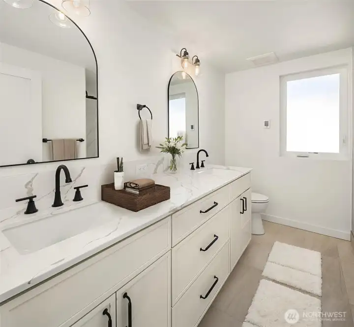 VPrimary bath with double sinks virtually staged