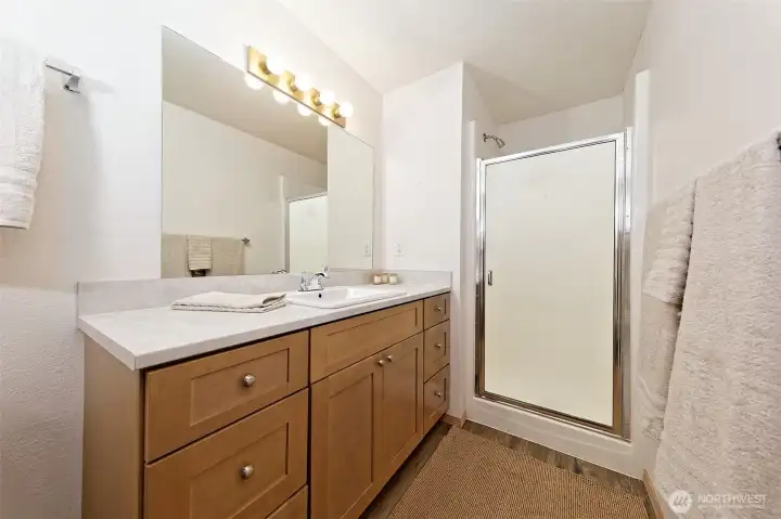 Beautiful Primary Bath with newer counters and cabinets