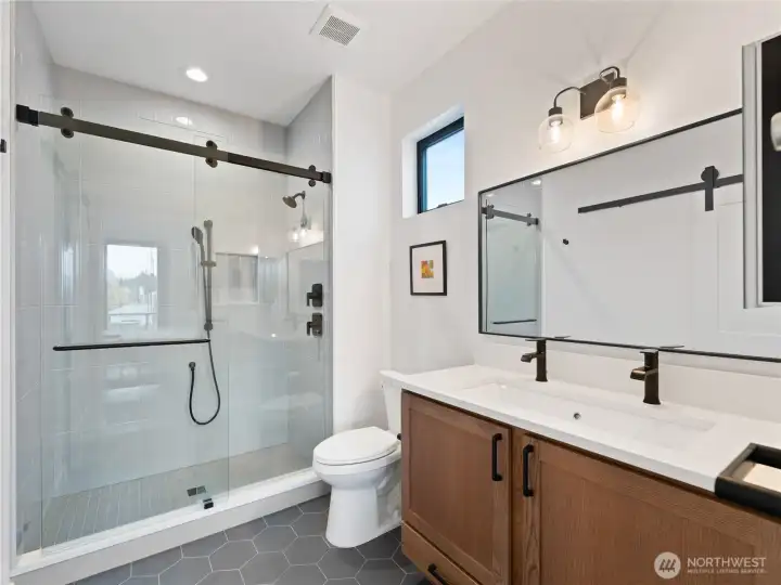 Tile bathroom floors and shower.