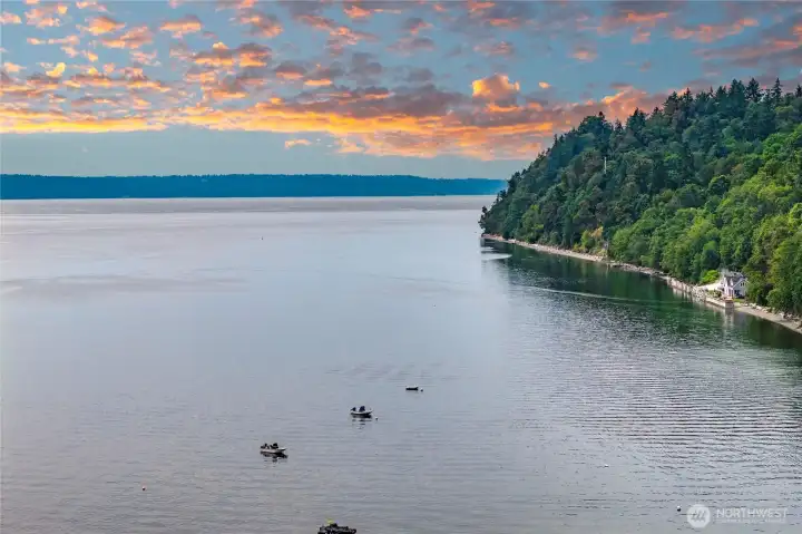Expansive views across Puget Sound and the surrounding coastline.