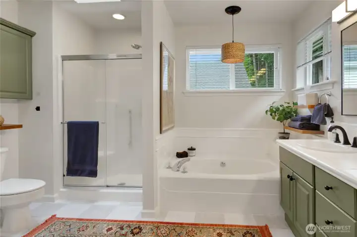 This luxurious 5-piece primary bath will pamper you day and night.