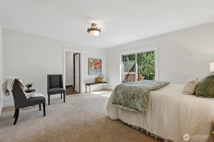 Primary Bedroom, W2W Carpet, Oversize WIC, Suite, French doors to private deck