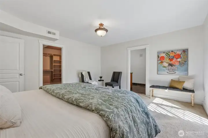 Primary Bedroom, W2W Carpet, Oversize WIC, Suite, French doors to private deck