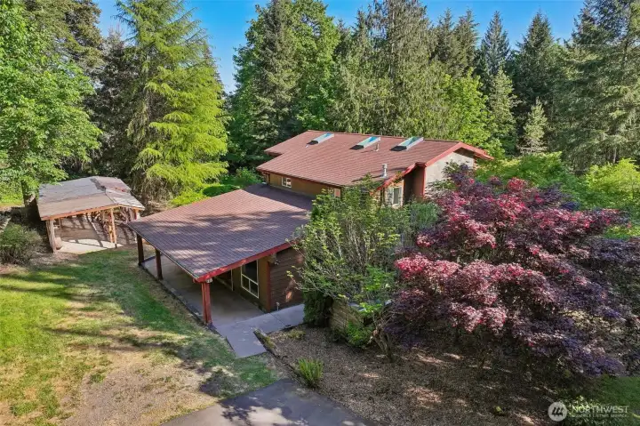 Arieal view of house and carport