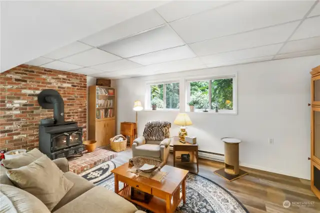 Lower Level Living space with free standing wood burning stove.  Light and bright and very cozy and comfortable.