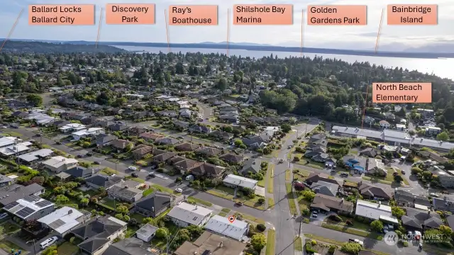 Drone shot showing proximity to North Beach Elementary and other great parks and destinations! Home is marked with a red dot at the bottom of the photo.