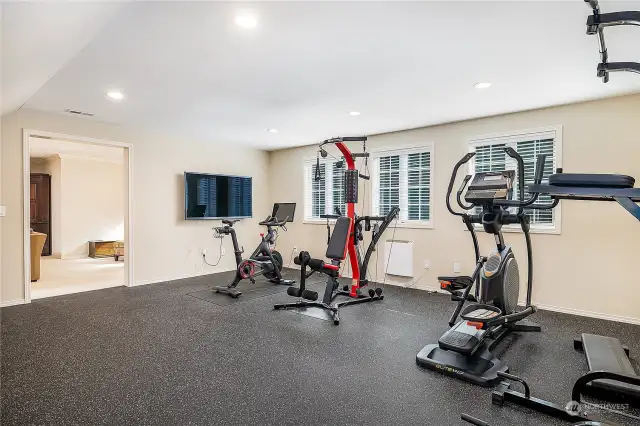 This home gym is spacious and was added as part of a recent expansion of the house adding a dormer to the roof line above the garage.