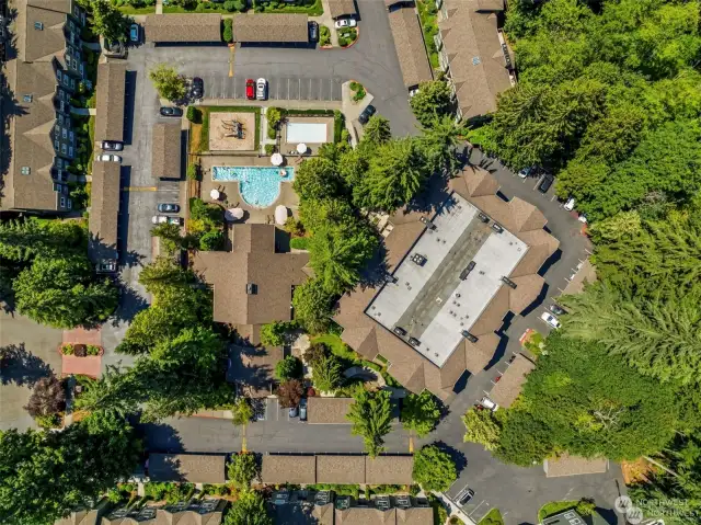 Overhead view of Clubhouse and Pools