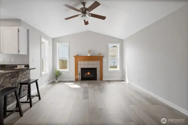 Living room with gas fireplace.