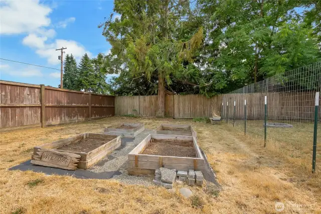 Raised garden beds at back of large side yard.