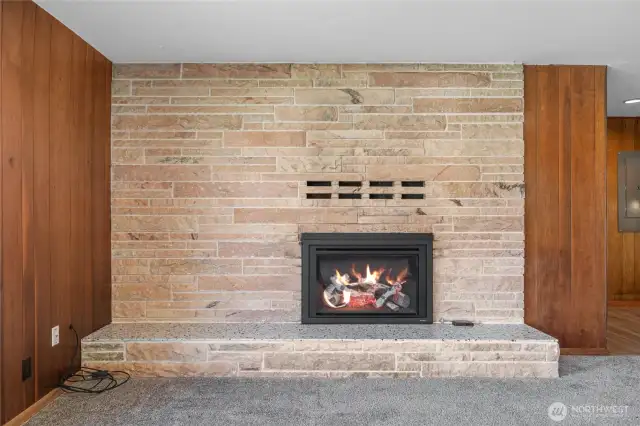 New natural gas fireplace with real stone & new terrazzo hearth