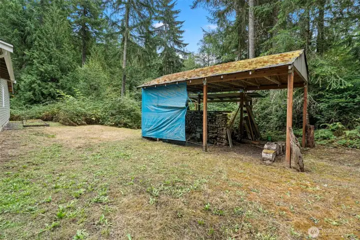 Carport that is currently used as a wood shed.