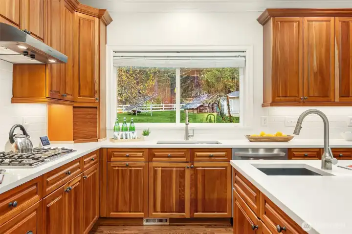 Gas stovetop and prep sink on the large island. Not a bad view for doing dishes!