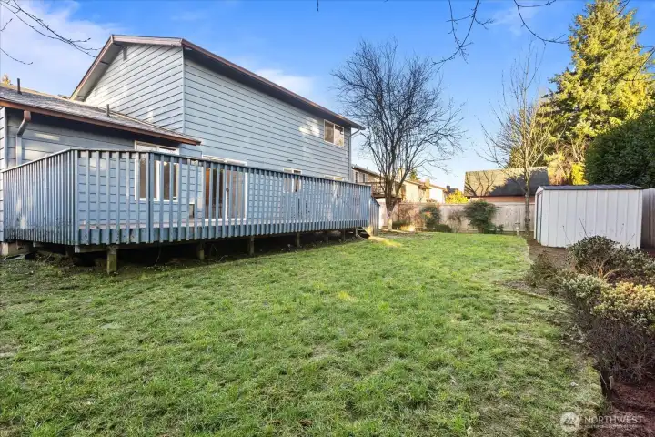 Fully fenced backyard includes a tool shed.