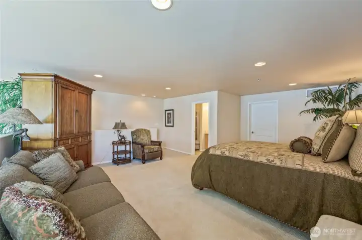 Upstairs loft bedroom with couch and TV and the lake view!