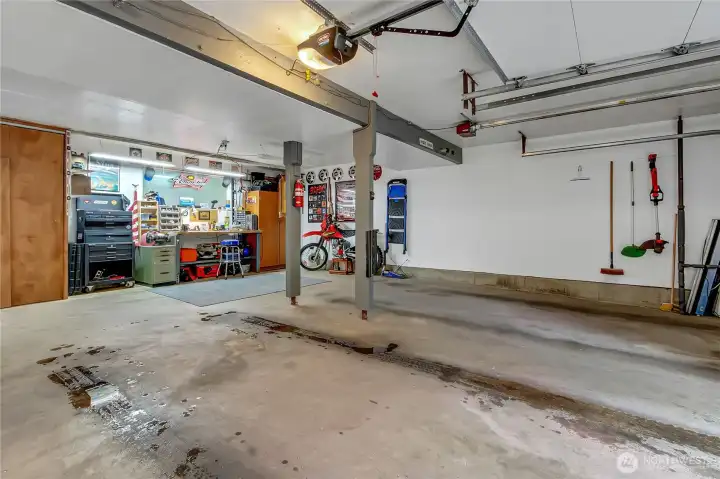Oversized two car garage with workshop area.