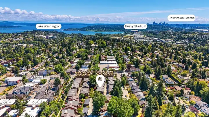 Aerial view facing South showcasing close proximity to Lake Washington, Husky Stadium/UW & Downtown Seattle. Aerial view facing South showcasing close proximity to Lake Washington, Husky Stadium/UW & Downtown Seattle.