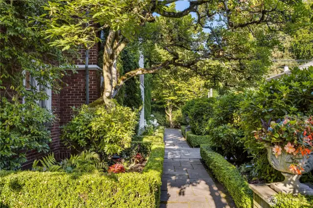 A meandering path through clipped hedges and established plantings leads along the south garden—an interplay of structure and softness. Beneath the canopy of an old oak, the landscape recalls the graciousness of another era, thoughtfully revived for modern sanctuary.