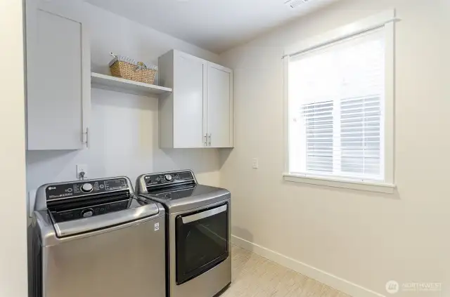 This utility room is very spacious with built-in cabinetry .